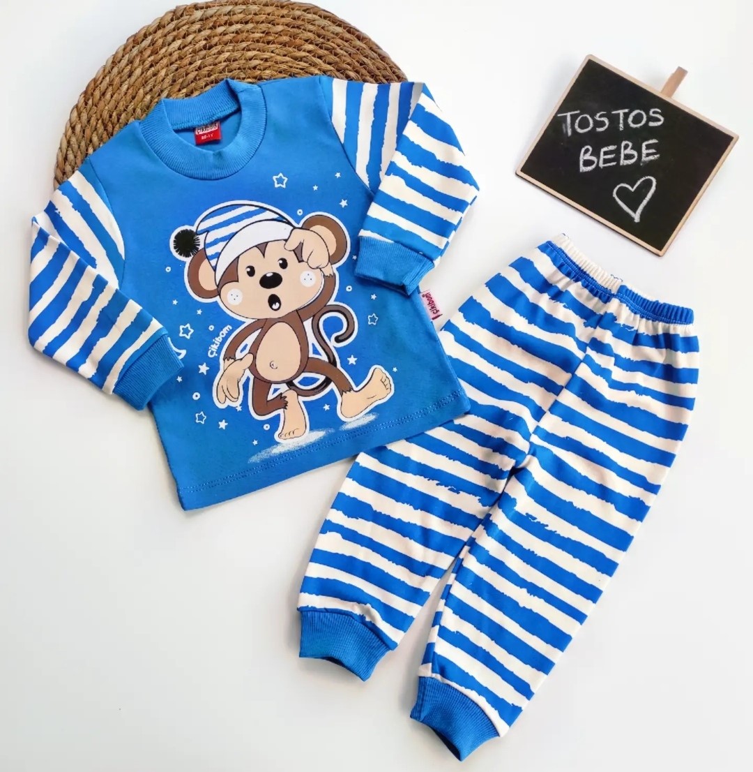 Bebek Pijama Takımı Maymun 2'li Mavi