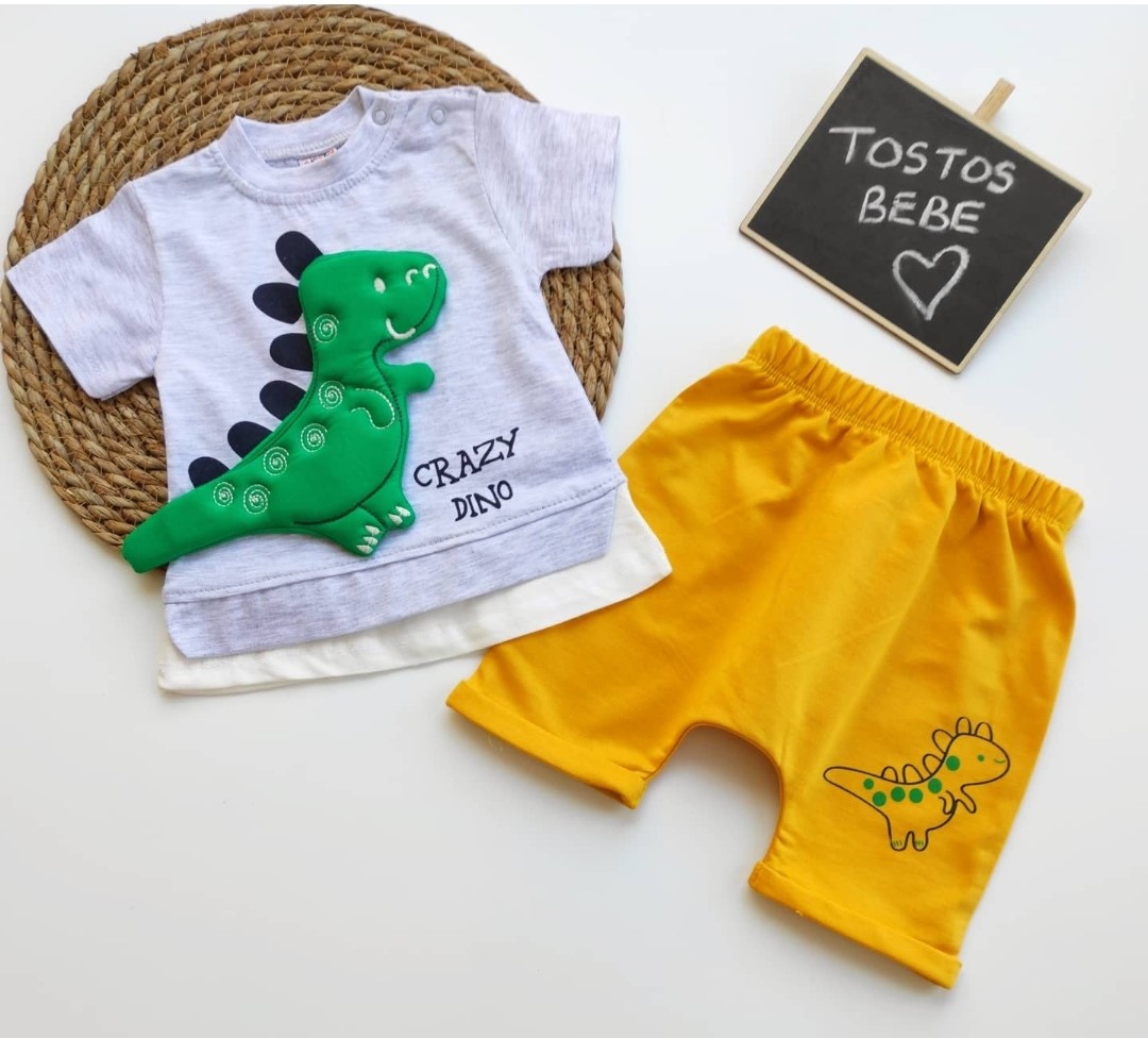 Bebek Takım 3d Crazy Dino Detaylı Şortlu Tostos Bebe Bebek Çocuk giyim